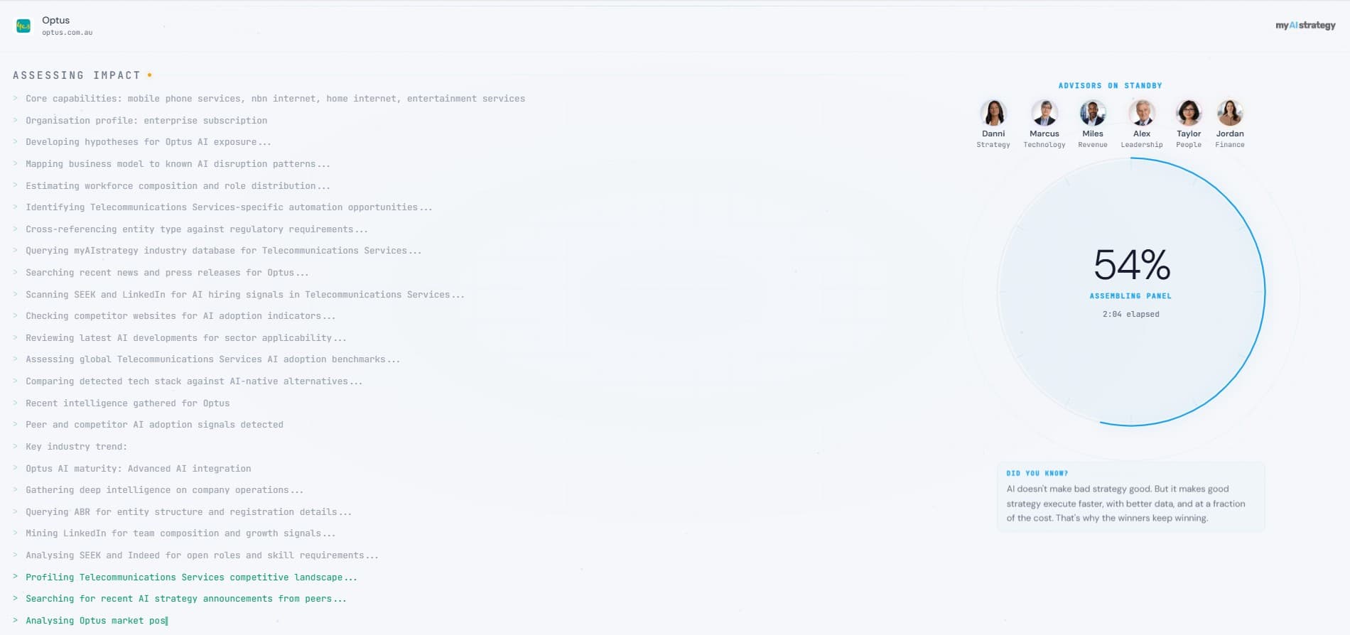 myAIstrategy — Scan theatre showing live analysis in progress